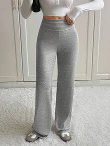 SHEIN Tall Pantalones anchos de pierna ancha con cintura plegable de unicolor para mujer, pantalones de chándal casuales a juego para otoño e invierno - Gris - Ver 6