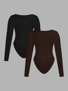 SHEIN Essnce 大码女士时尚休闲通勤商务休闲年轻商务职业内衣两件套，黑色、酒红色、锚红色多件套紧身包臀方领长袖连体衣 - 咖啡棕 - 查看 2