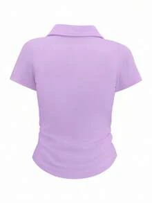 Airaco Women's Summer Solid Color Polo Collar Ruffle Short Sleeve T-Shirt - Purple - View 2