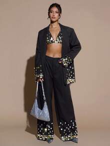 SHEIN BAE Bộ đồ nữ thời trang gồm áo hai dây hở lưng đính sequin và quần dài, hoàn hảo cho các bữa tiệc. Lý tưởng cho những buổi hẹn hò lãng mạn, đi làm, đi chơi, tiệc tối trang trọng và tiệc cocktail. Bộ vest nữ trang phục Halloween cho nữ, trang phục thu đông cho nữ - màu đen - Xem 8