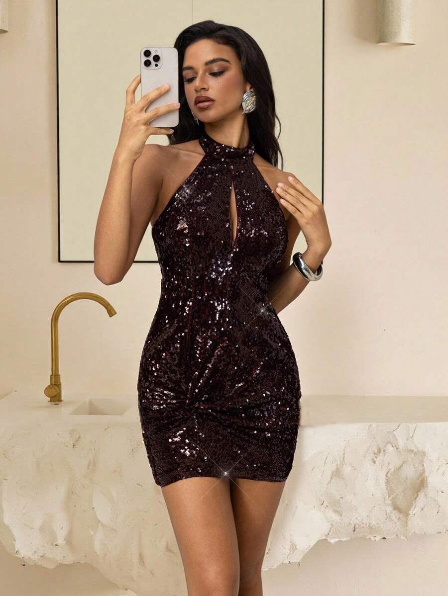 Vowa Elegant Luxury Sparkling Sequin Embroidered Cold Shoulder Ruched Flounce Fashionable Dress,Suitable For Cocktail Party,Gala,Wedding,Business Event - Purple - View 1