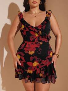 SHEIN BAE Váy xòe họa tiết hoa thanh lịch cỡ lớn, mùa hè - Đỏ - Xem 4