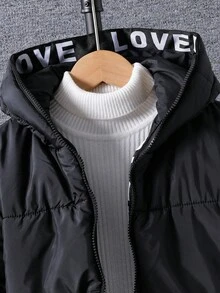 男童个性化字母印花拉链连帽夹克，带口袋，可机洗黑色风衣，适合滑雪、单板滑雪和寒冷天气 - 黑色 - 查看 7