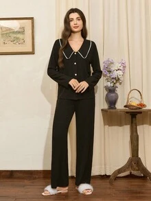 法式优雅罗纹针织长袖单排扣上衣和裤子睡衣套装，女士秋冬服装 - 黑色 - 查看 6