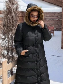 SHEIN EZwear 秋冬加大码加厚人造毛领棉服 - 黑色 - 查看 6