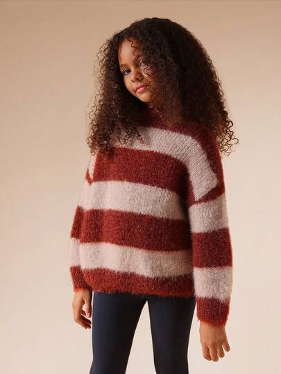 SUMWON Cozy Winter Knit Pullover Sweater Striped Holiday Chunky Knit Soft Fluffy Long Sleeve Casual Knitwear Fall Autumn Jumper