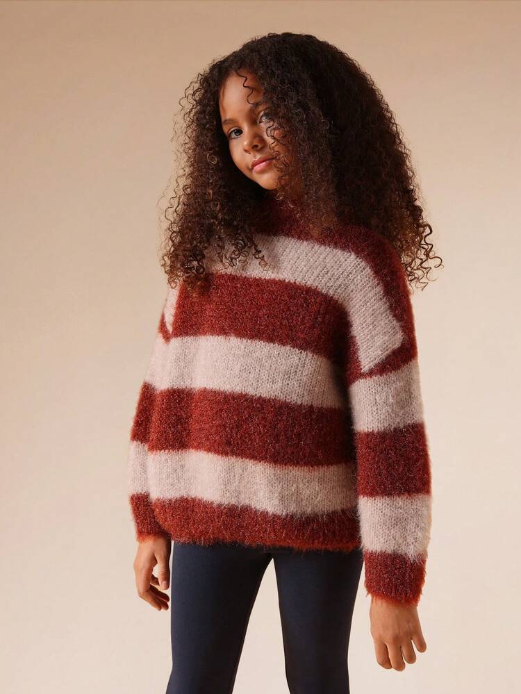 Striped Chunky Knit Pullover Sweater With Fluffy Texture