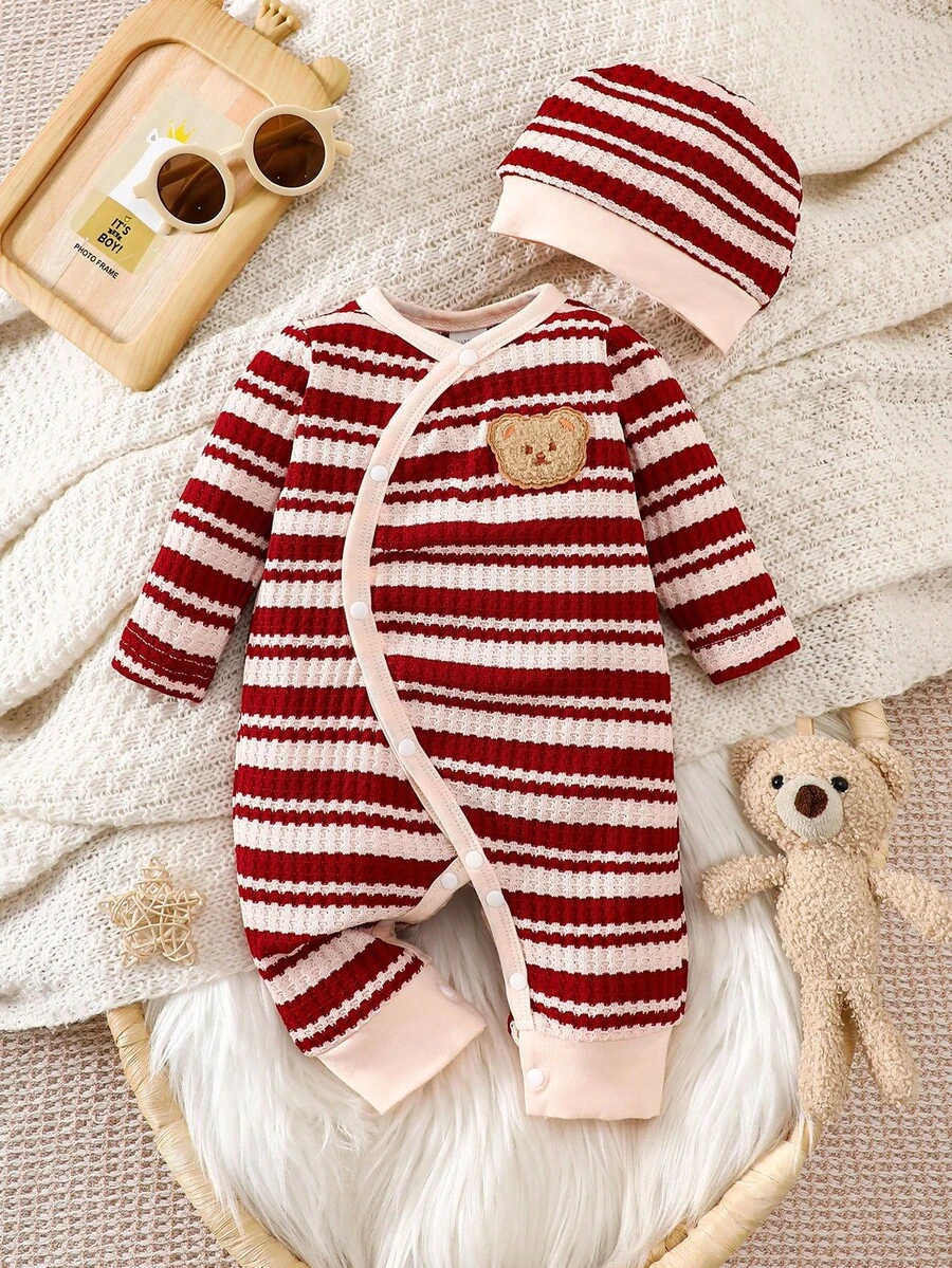 SHEIN Combinaison rayée décontractée avec ourson pour bébé nouveau-né - Multicolore - Voir 1