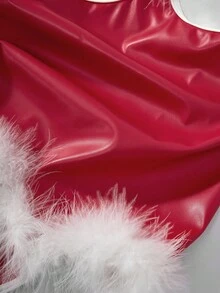 Fantasy Costume 3 件红白撞色镂空透视毛绒装饰连体衣，加大码性感护士服，圣诞节角色扮演内衣 - 紅白色 - 查看 5