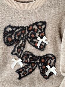 SHEIN Tween 女童毛衣套装，全新秋冬系列，卡其色和棕色，蝴蝶结和豹纹图案，Y2K 风格百褶裙套装，宽松廓形和百搭短裙，舒适优质面料，适合女孩参加各种场合 - 彩色 - 查看 3