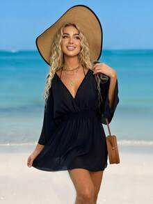 Swim Lushoire Solid Wrap Detail Flare Sleeve Cover Up,Summer Beach - Black - View 7