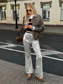 SHEIN EZwear Pantaloni evazați skinny casual cu paiete, talie elastică, culoare solidă, pentru femei, toamnă, iarnă, pentru petrecere, pantaloni cu paiete - alb - Vizualizare 5