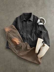 EASEVO Áo khoác denim tay dài có khóa kéo thường ngày ngoài trời cỡ lớn cho nam, mùa thu - Xám - Xem 1