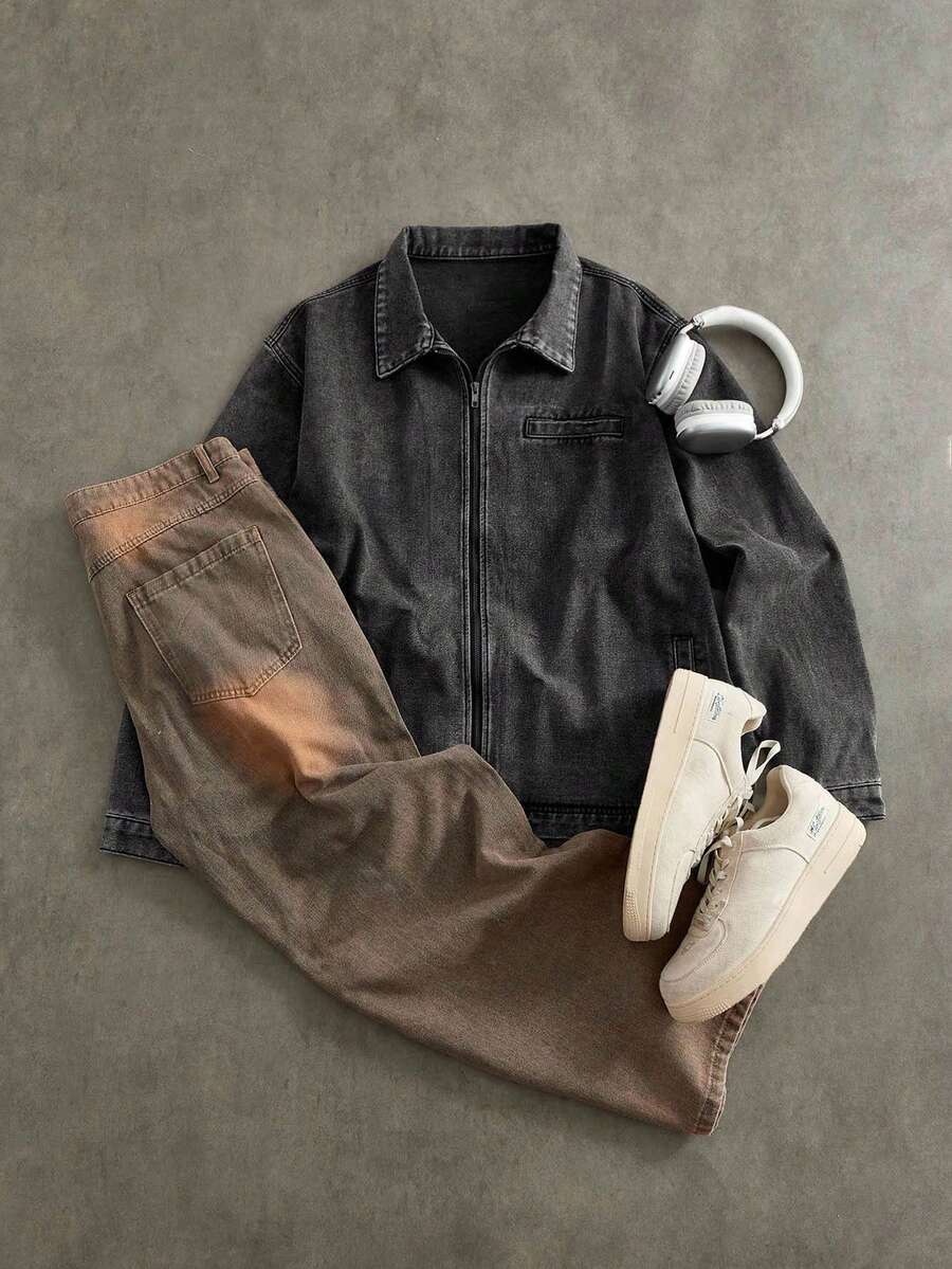 EASEVO Áo khoác denim tay dài có khóa kéo thường ngày ngoài trời cỡ lớn cho nam, mùa thu - Xám - Xem 1