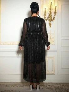 Roveilla 大码女式亮片褶皱长款派对连衣裙 - 黑色 - 查看 2