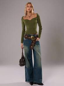 SHEIN TRNDY 1pc Women's Green Military Knit Sweater, Unique Versatile Square Collar, Button Sleeve Design, Slit Hem, Fashionable & Suitable For Commuting And Casual Wear, Autumn/Winter - Army Green - View 3