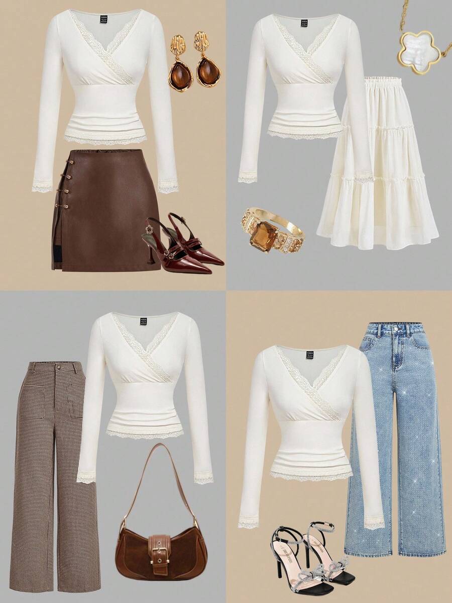 SHEIN MOD Maglietta da donna a maniche lunghe, aderente, con inserti in velluto termico e pizzo - Albicocca - Visualizzare 1