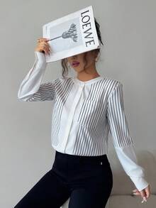 SHEIN Elenzya Damen elegante schwarz-weiß gestreifte Bluse mit Stehkragen und Langarm, locker geschnitten für den täglichen Weg zur Arbeit, Herbst/Winter - Schwarz und Weiss - Übersicht 4