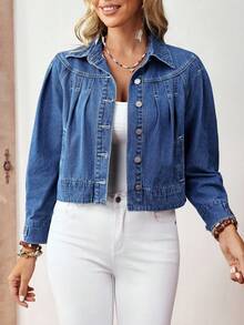 EMERY ROSE Women's Autumn Raglan Sleeve Single-Breasted Pleated Design Casual Denim Jacket Winter New Year - Blue - View 4
