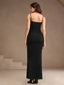 Anewsta Women's Detachable Padded Bust Slim Fit High Elasticity Waist Cinching Bodycon Long Dress, Black - Black - View 9