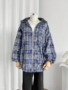 SHEIN LUNE Women's Plaid Patchwork Faux Fur Reversible Jacket - Multicolor - View 3