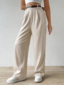 SHEIN EZwear Pantalon droit décontracté pour femme avec ceinture de taille - Beige - Voir 3