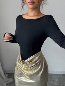 SHEIN Elenzya Robe moulante élégante et romantique avec taille ajustée, patchwork et volants à l'ourlet pour femmes