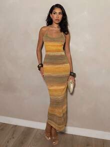 SHEIN PETITE 秋冬细肩带长款渐变色网眼紧身优雅毛衣裙，无袖紧身连衣裙 - 彩色 - 查看 5