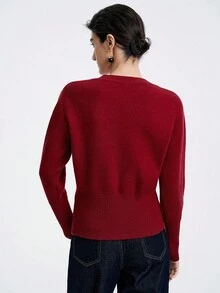 SHEIN LUNE كنزة صوفية نسائية أنيقة عالية الجودة ذات تصميم بسيط وعملي، بأكمام طويلة وسحاب أمامي، مناسبة للخريف والشتاء - عنابي اللون - مشاهدة 2