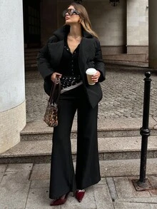 SHEIN BAE Women's Solid Color Criss-Cross Wrap Warm Padded Coat, Winter Fashion Winter Coats For Women Women Outerwear,Fall/Winter Style Casual Jacket Perfect For Keeping Warm While Out And About During Fall And Winter,Women's Halloween Costume