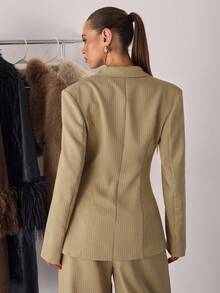 SHEIN BAE Áo khoác blazer nữ đơn giản, cổ khoét chữ V, cài một hàng khuy, mùa thu - Màu vàng - Xem 2