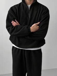 DAZY Men's Solid Black Sherpa Fleece Pullover Sweatshirt & Sweatpants Set, Adjustable Hem Design, Autumn/Winter