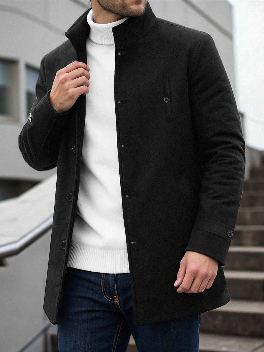 Manfinity Homme Men's Long Sleeve Minimalist Solid Color Stand Collar Single-Breasted Overcoat, Autumn/Winter , Black - Black - View 1