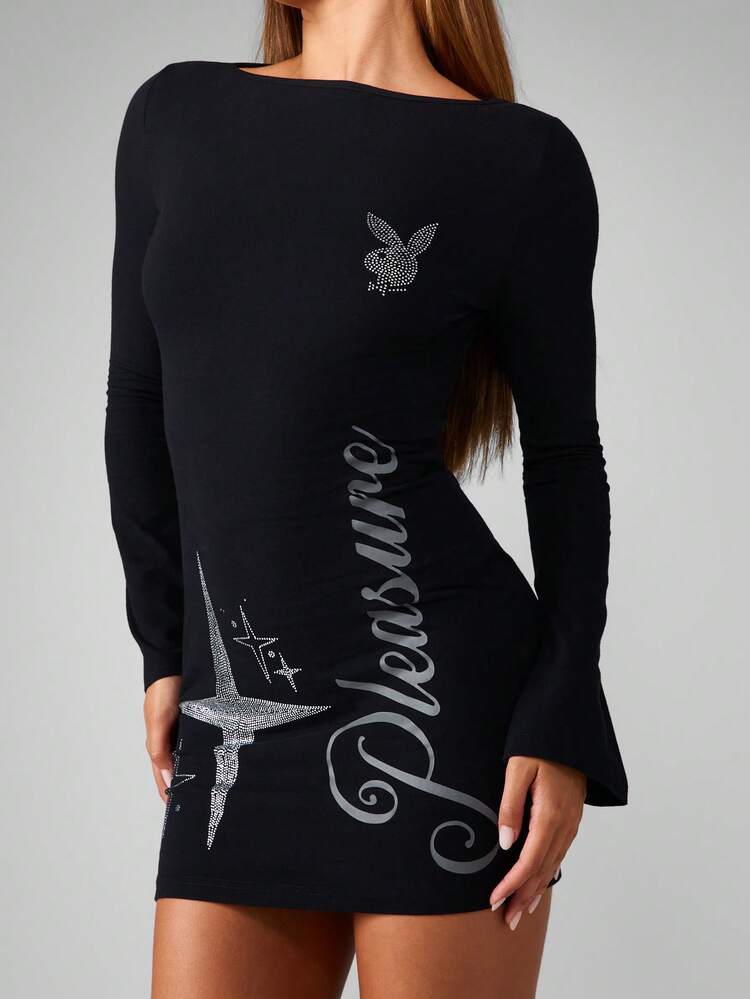 Missguided x Playboy Bunny Logo Mini Dress Long Bell Sleeve Party Crystal Rhinestone Embellished Aviation Airplane Design Night Out Clubwear Fall Winter Statement