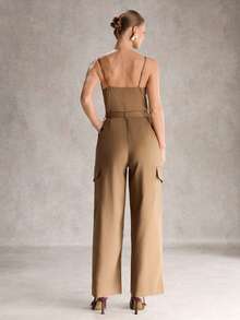 SHEIN Unity Women's Solid Color Utility Pocket Casual Jumpsuit - Coffee Brown - View 2
