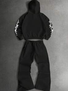 PAVTROS Manfinity Streetrush Statue Of Liberty & Letter Print Streetwear Hoodie And Pants Set, Suitable For Outdoor Music Festivals, Nightclubs, Boyfriend/Husband Gift, Anniversary Gift, Light Grey , Men Sweatsuit Set , Hoodie And Sweatpants Set , Designer Sweatsuit, Fall Clothes - Black - View 3