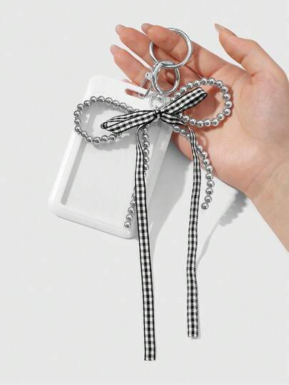 Kawaii 1 pièce Porte-carte/porte-clés/charm de sac en acrylique tressé en forme de cœur avec nœud en ruban à carreaux, en argent CCB de haute qualité, style minimaliste polyvalent Y2K. Convient pour les employés de bureau, les étudiants, le port quotidien, les cadeaux de vacances