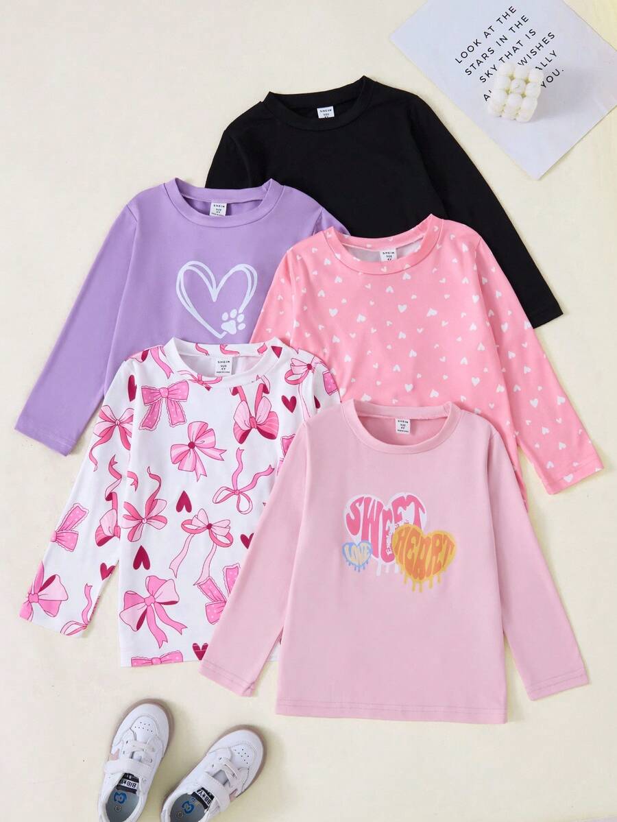 SHEIN Explorewe Toddler Girls' Cute Cartoon Rabbit Striped & Ditsy Floral Long Sleeve T-Shirt, Multi-Pack - Multicolor - View 1