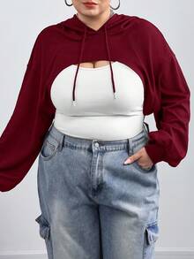 SHEIN CURVE+ Suéter negro de punto extra grande con capucha ultrashort, adecuado para usar en otoño e invierno - Burdeos - Ver 5