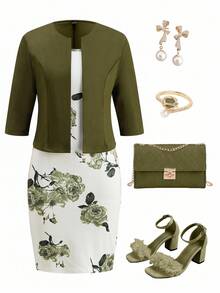 Ellevyn 2 Stücke/Set Elegantes Damen Bodycon Kleid mit Blume Muster und rosa Strickjacke mit Halbarm, geeignet für Dates, den Arbeitsweg und den Alltag