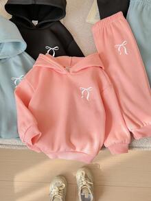 Set de 6 piezas Sudadera con capucha y pantalón de cintura elástica con patrón de corazón de unicolor lindo para bebé niña, otoño/invierno