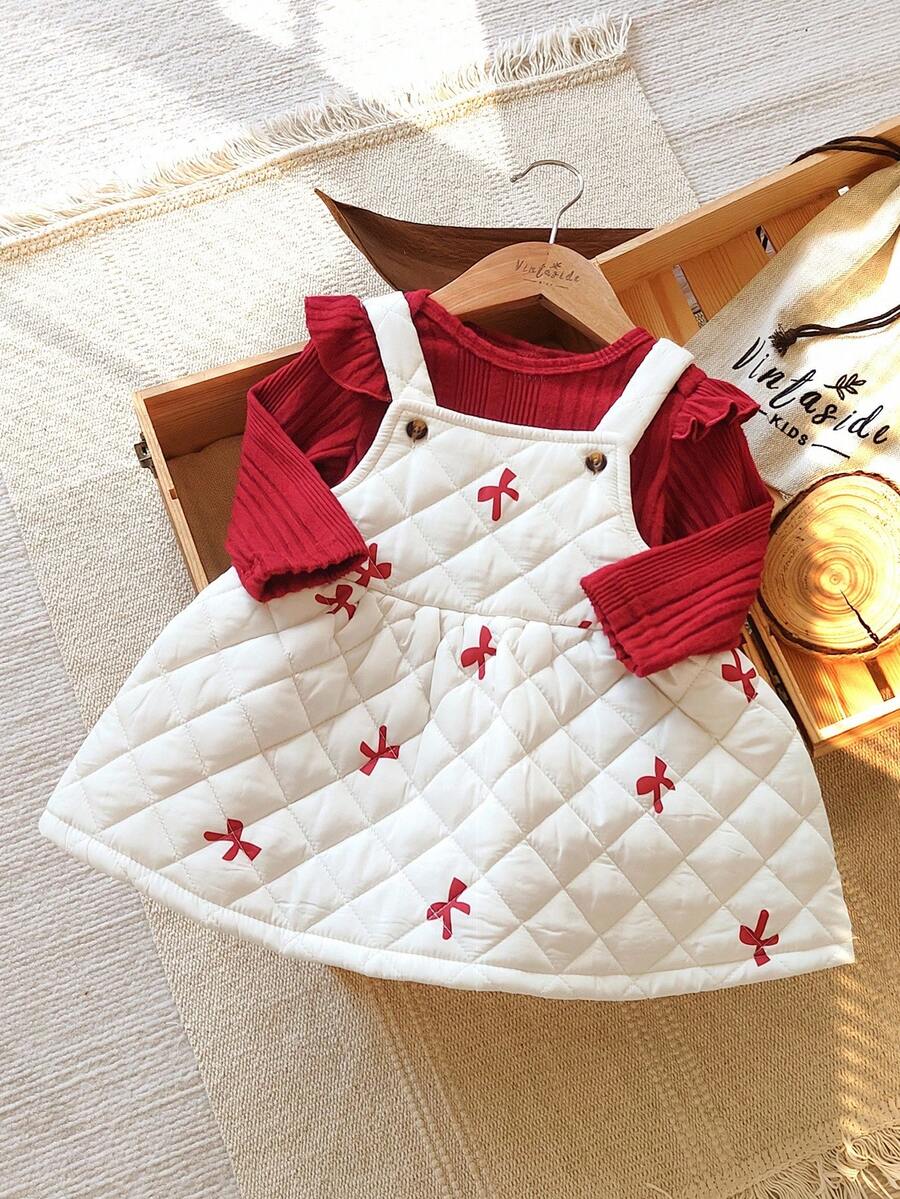 Vintaside Kids 1 Set Baby Girls Solid Color Long Sleeve Raglan Jumpsuit Top And Butterfly Print Padded Bib Overall Dress T-Shirt Outfit - Multicolor - View 1