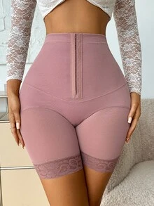 SHEIN 1 件女式高腰蕾丝拼布紧身短裤 - 棕色 - 查看 3