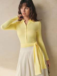INAWLY Mono de mujer de unicolor con un solo abotonado, manga larga y cinturón en la cintura, de uso casual - Amarillo - Ver 5