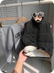 SHEIN 3 件套年轻男童休闲舒适百搭厚夹克外套、连帽衫和长裤运动服套装，返校 - 黑色 - 查看 4