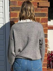 Vivie Lora Women's Loose Rhinestone Lace Patchwork Sweater - Grey - View 3