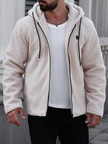 Manfinity Homme 时尚百搭保暖连帽拉链长袖男士外套，秋冬季抓绒连帽衫街头服饰 - 卡其色 - 查看 4