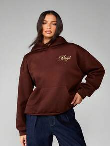 MISSGUIDED Oversized Casual Hoodie With Gold Script Embroidery Centre Pocket Drawstring Fall Winter Cozy Loungewear Streetwear Basic Essential - Chocolate Brown - View 4