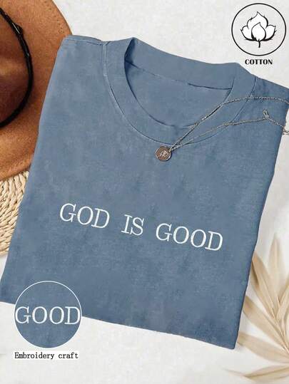 INAWLY Camisa de cor confortável com bordado de Deus é bom, camisa de fé cristã simples, camiseta de fé, camiseta de grupo de igreja, camiseta feminina bordada com gola redonda