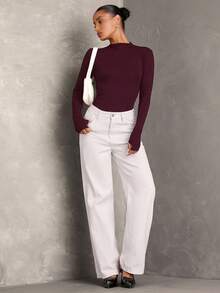 SHEIN BAE 女式黑色纯色舒适针织长袖简约褶皱修身紧身衣，百搭日常休闲穿着 - 紫紅色 - 查看 5